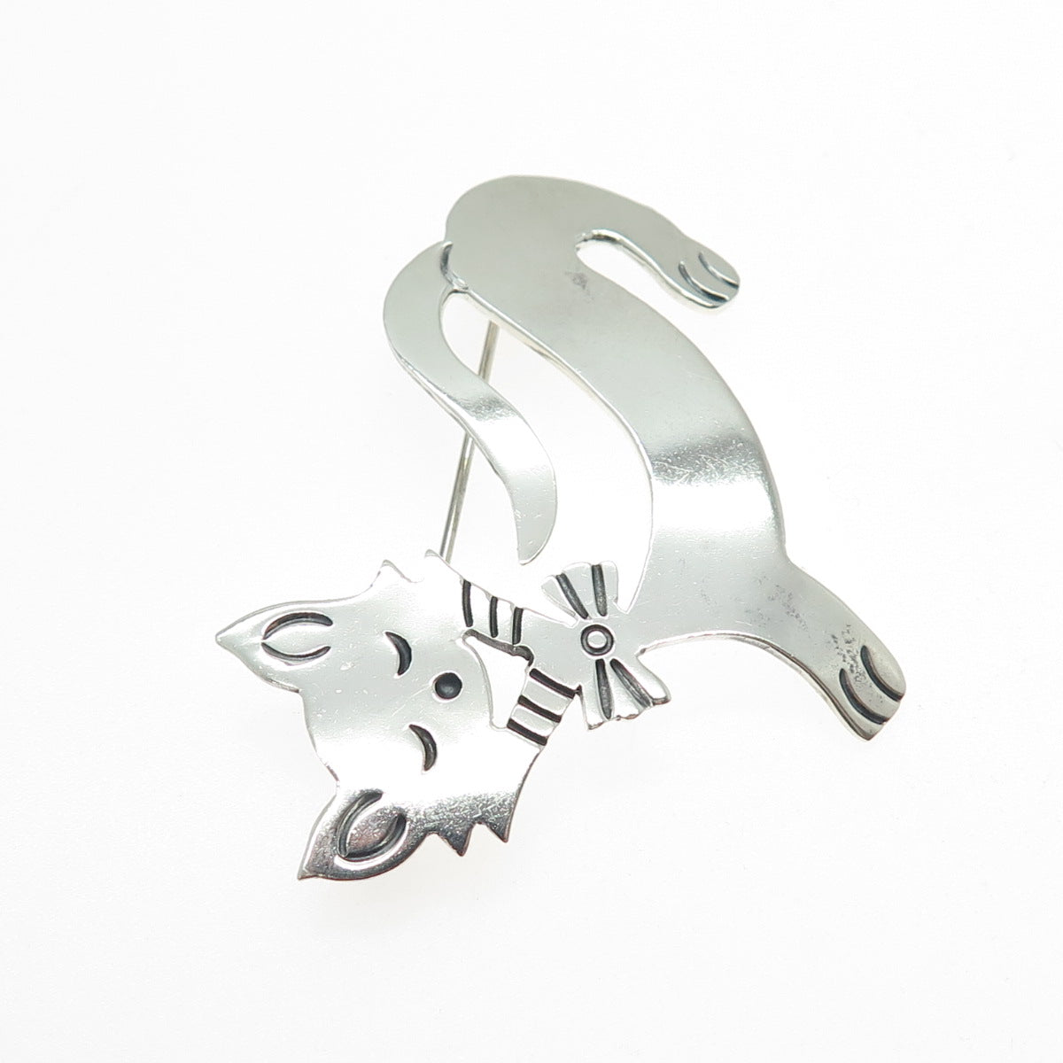 925 Sterling Silver Vintage Mexico Modernist Cat Oxidized Pin Brooch