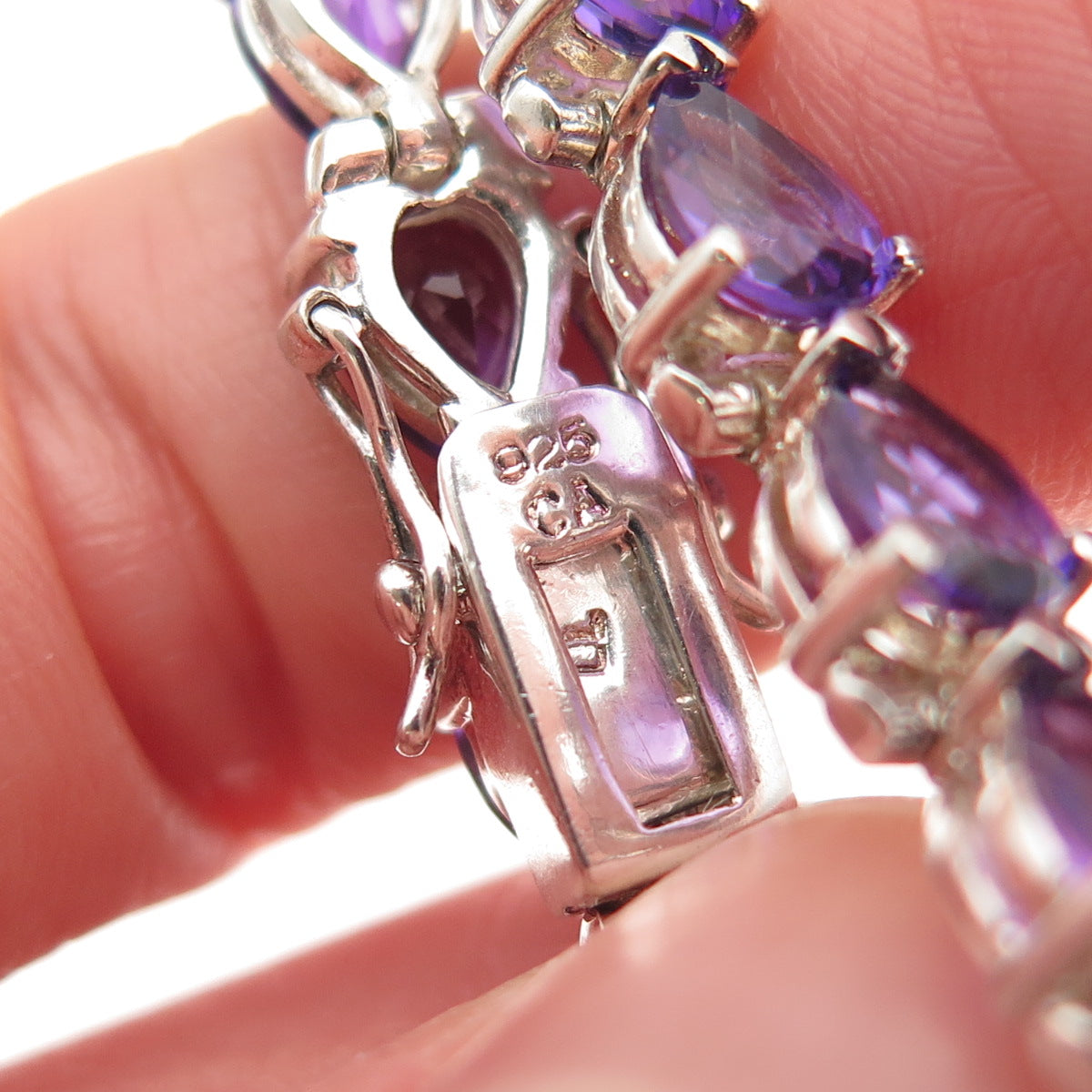 925 Sterling Silver Vintage Real Pear-Cut Amethyst Teardrop Link Bracelet 7"