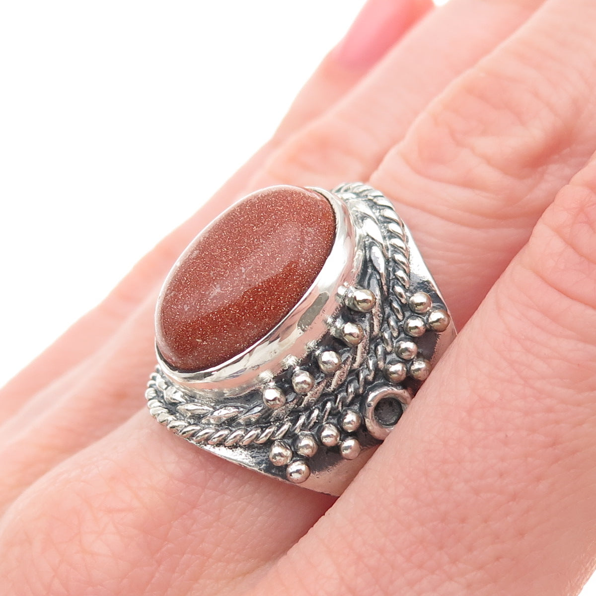 925 Sterling Silver Vintage Real Goldstone Modernist Oxidized Ring Size 9.75