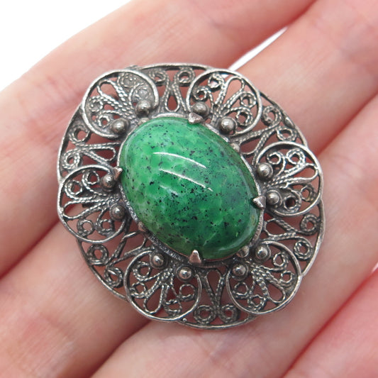 925 Sterling Silver Vintage Faux Turquoise Filigree Oxidized Pin Brooch Pendant