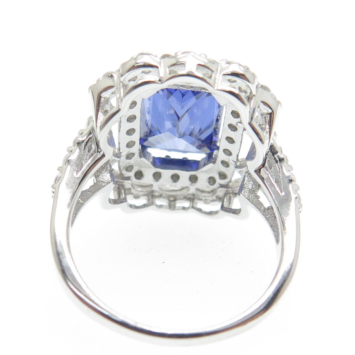 DSMK 925 Sterling Blue Radiant-Cut & White Round-Cut Shaped C Z Ring Size 7