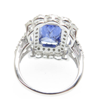 DSMK 925 Sterling Blue Radiant-Cut & White Round-Cut Shaped C Z Ring Size 7