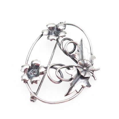925 Sterling Silver Antique Art Deco Flower Oxidized Pin Brooch