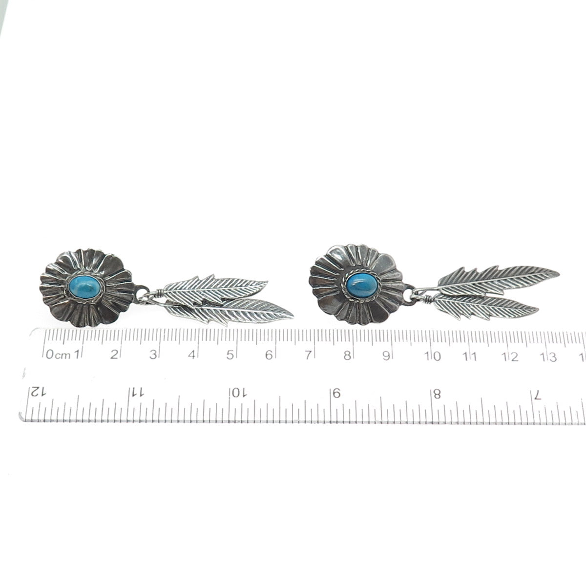 925 Sterling Silver Vintage Mexico Real Turquoise Feather Oxidized Earrings