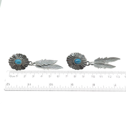 925 Sterling Silver Vintage Mexico Real Turquoise Feather Oxidized Earrings
