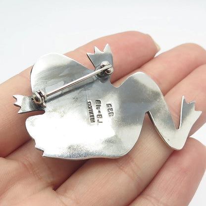925 Sterling Silver Vintage Mexico Black Onyx Gem Frog For Good Luck Pin Brooch