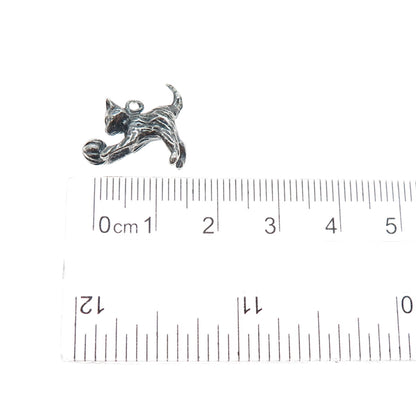 925 Sterling Silver Vintage Playing Cat Oxidized Minimalist 3D Charm Pendant