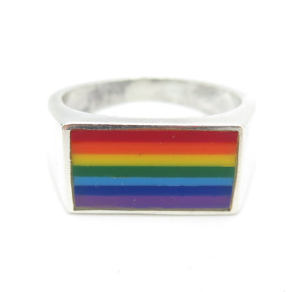 925 Sterling Silver Vintage Rainbow Enamel "Happy Pride" Ring Size 12.25