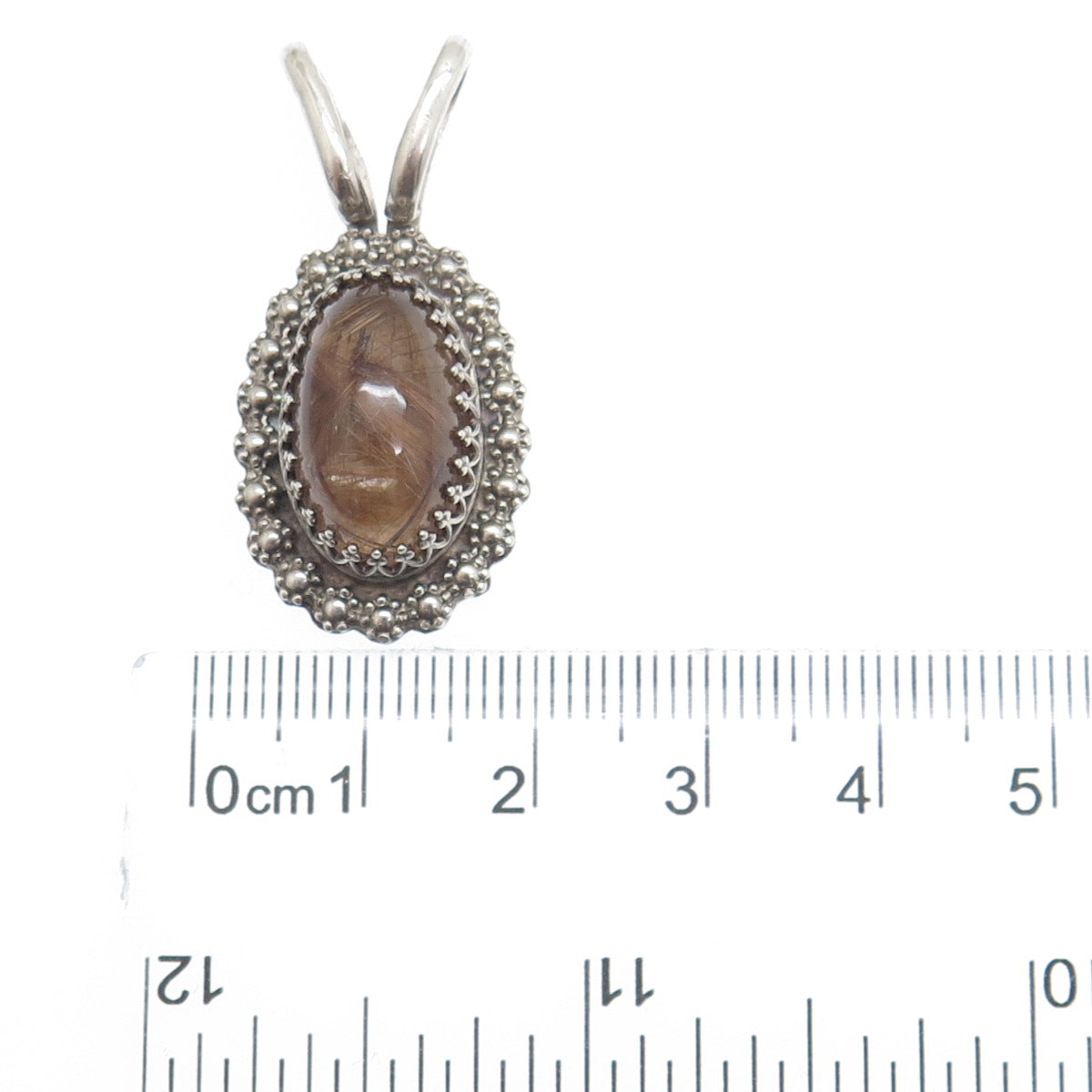 DAVID Sterling Silver Vintage Real Rutilated Quartz Granulated Flower Pendant
