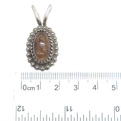 DAVID Sterling Silver Vintage Real Rutilated Quartz Granulated Flower Pendant