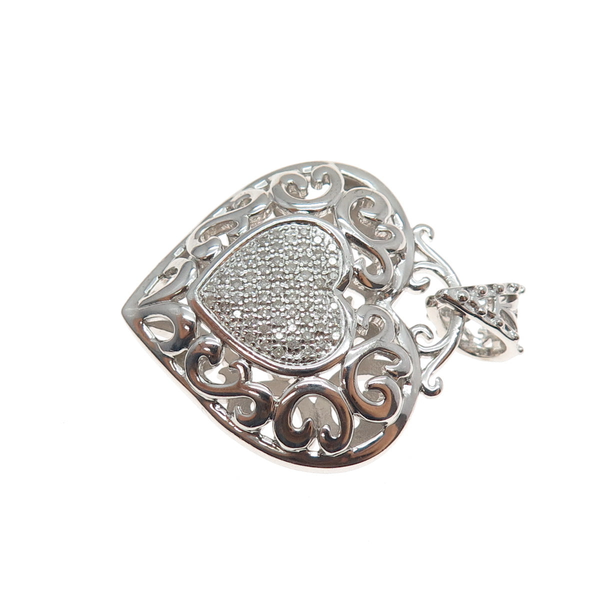 925 Sterling Silver Real Round-Cut Diamond Ornate Heart Charm Pendant