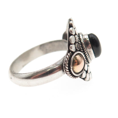 925 Sterling Silver 2-Tone Vintage Real Black Onyx Dotted Oxidized Ring Size 7