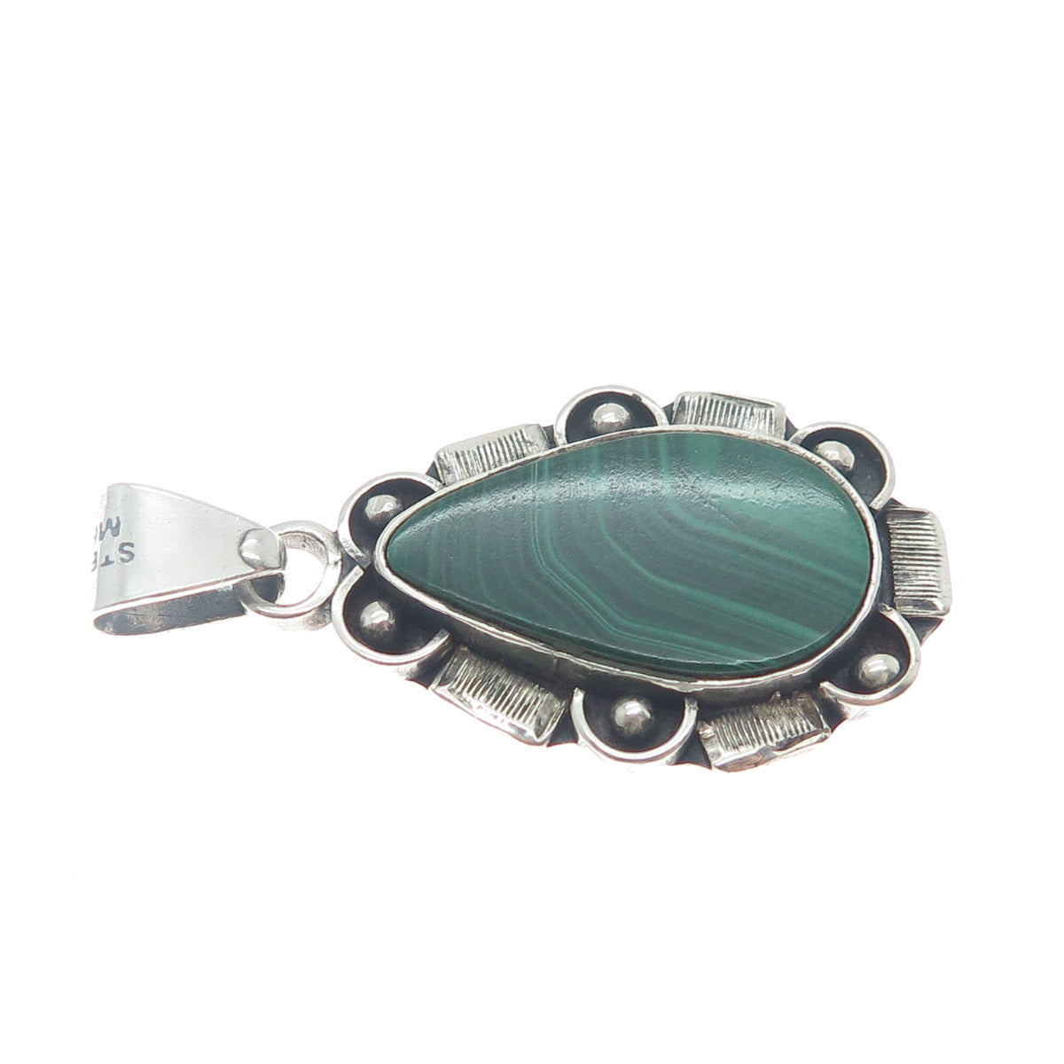925 Sterling Silver Vintage Mexico Real Malachite Gem Teardrop Oxidized Pendant