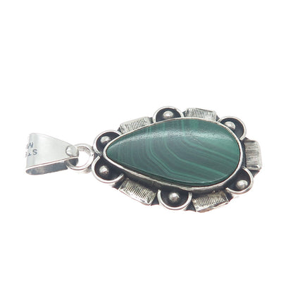 925 Sterling Silver Vintage Mexico Real Malachite Gem Teardrop Oxidized Pendant