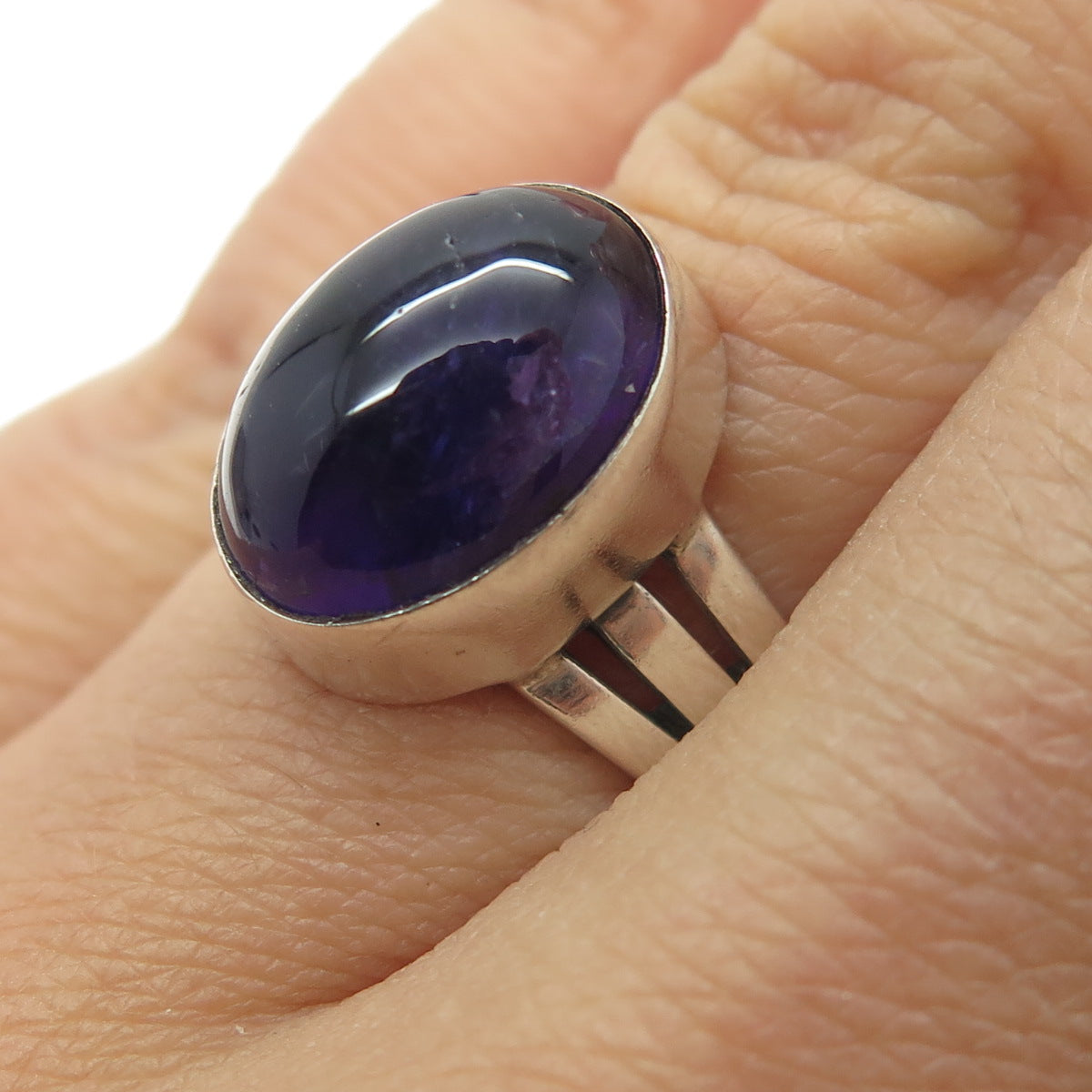 925 Sterling Silver Vintage Real Amethyst Modernist Ring Size 6.75