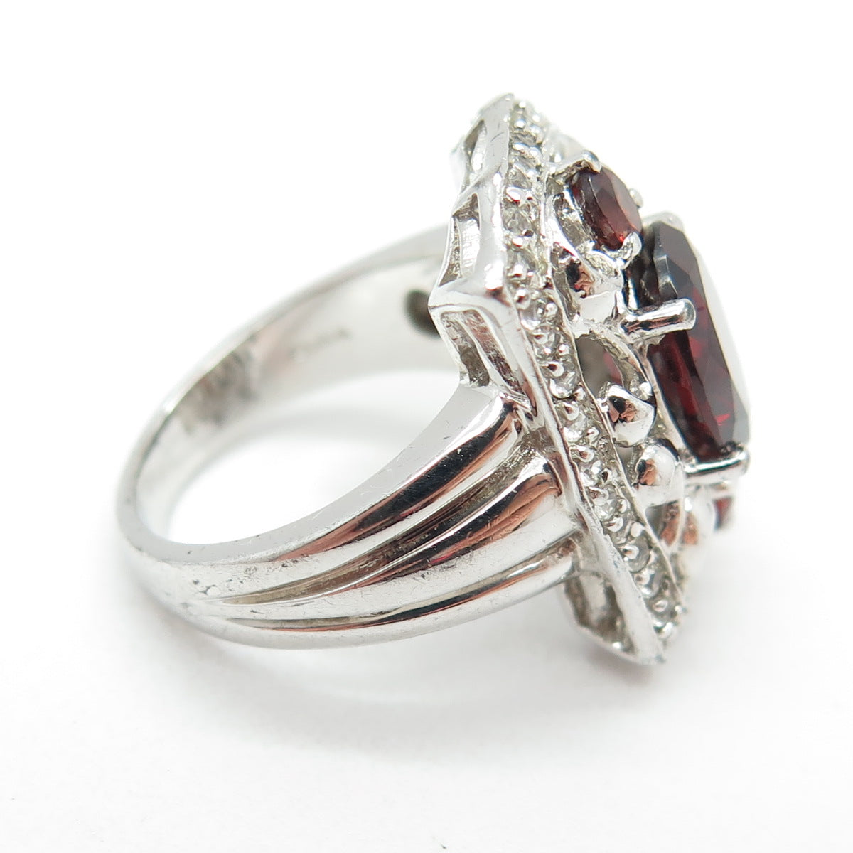 925 Sterling Silver Real White Topaz & Red Garnet Gemstone Ornate Ring Size 6.25