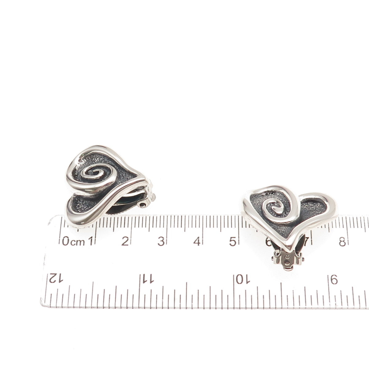 925 Sterling Silver Vintage Mexico Modernist Heart Oxidized Clip On Earrings
