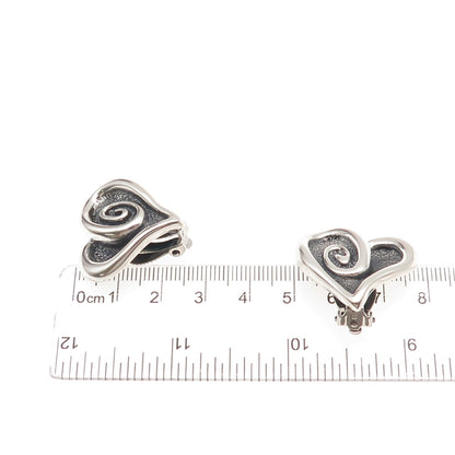 925 Sterling Silver Vintage Mexico Modernist Heart Oxidized Clip On Earrings