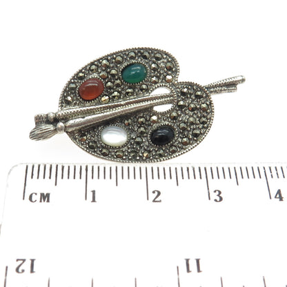 925 Sterling Silver Vintage MOP Black Onyx Carnelian Tourmaline Gem Pin Brooch