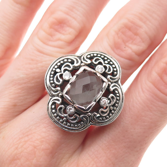 925 Sterling Silver Vintage Real Green Amethyst & C Z Floral Ring Size 9.25