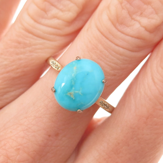 925 Sterling Silver Gold Plated Real Turquoise & White Topaz Ring Size 8