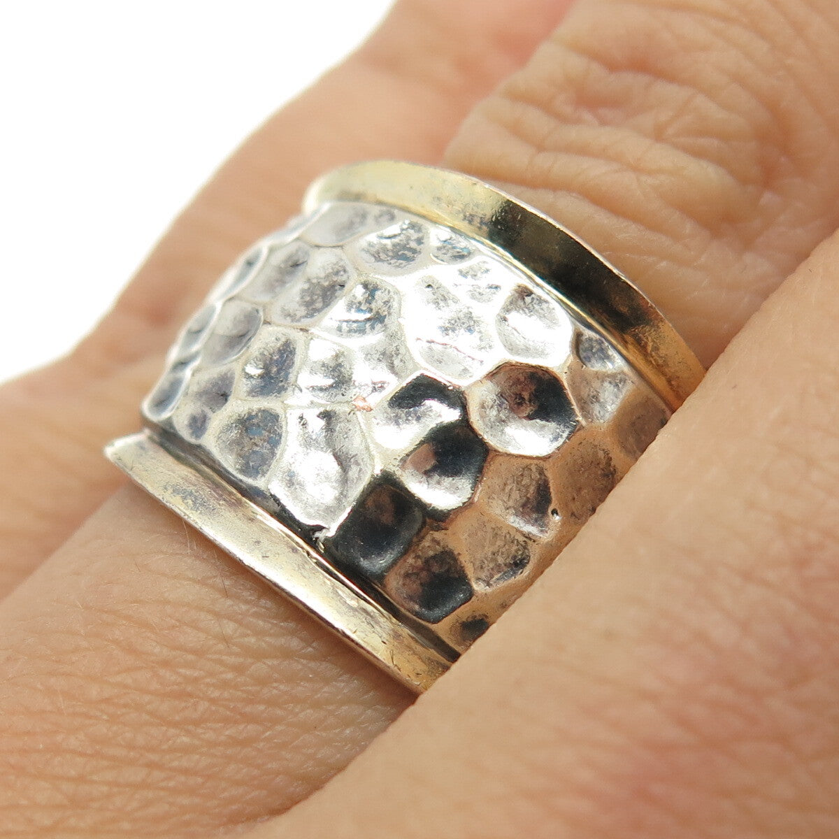 925 Sterling Silver 2-Tone Vintage Hammered Finish Ring Size 8