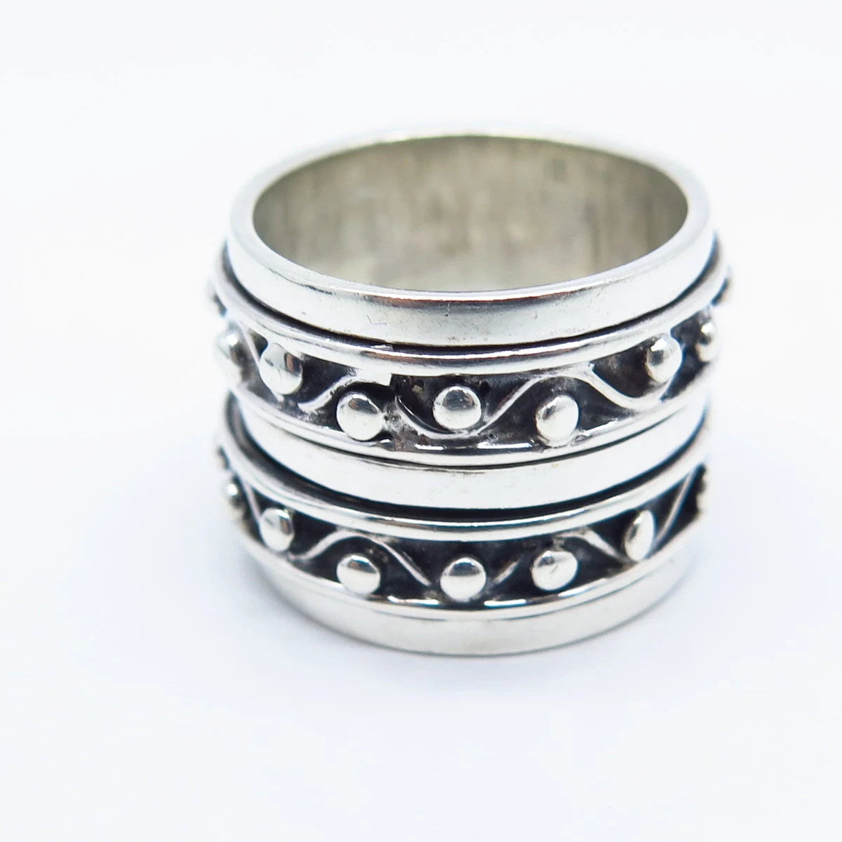 925 Sterling Silver Vintage Geo Art Beaded Wide Band Ring Size 5.5
