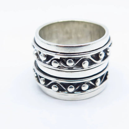 925 Sterling Silver Vintage Geo Art Beaded Wide Band Ring Size 5.5