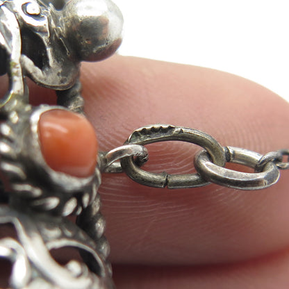 925 Sterling Silver Antique Real Turquoise Coral Floral Oxidized Bracelet 7.75"