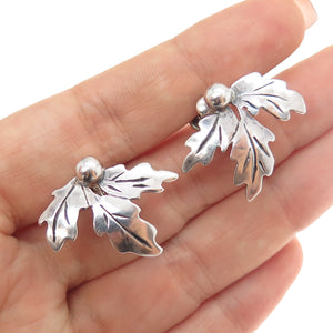 925 Sterling Silver Vintage Oak Leaf Oxidized Screw Back Earrings
