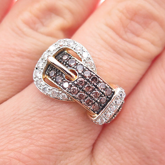 ROSS SIMONS Sterling Silver Gold Plated Cognac & White C Z Buckle Ring Size 7