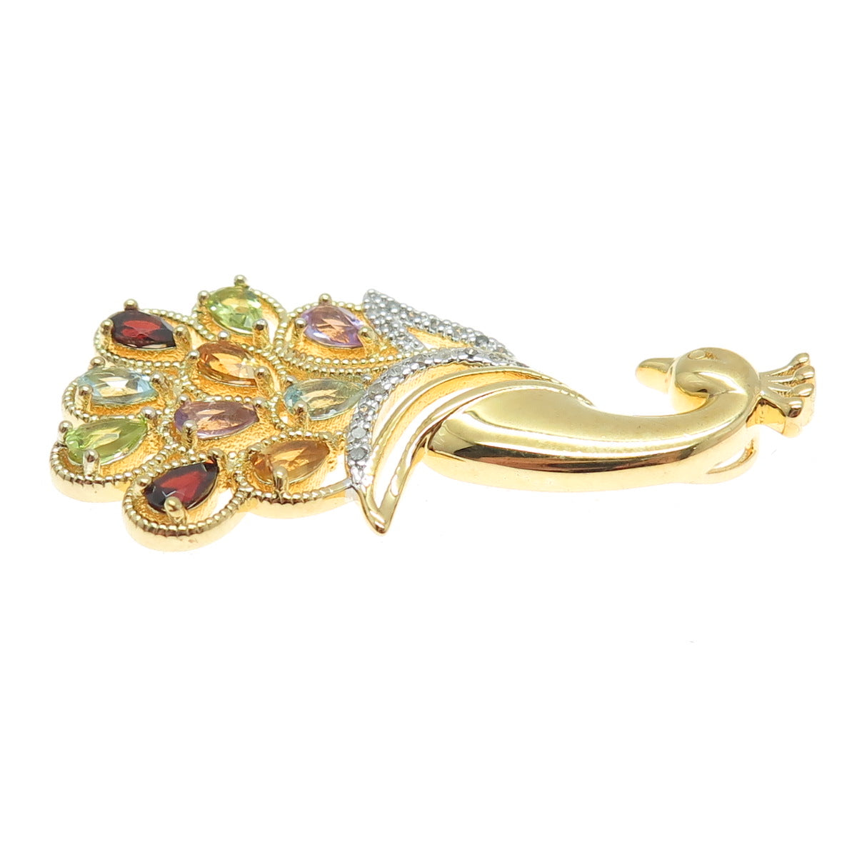 CHARLES WINSTON Sterling Gold Plated Diamond & Multi-Gem Peacock Slide Pendant