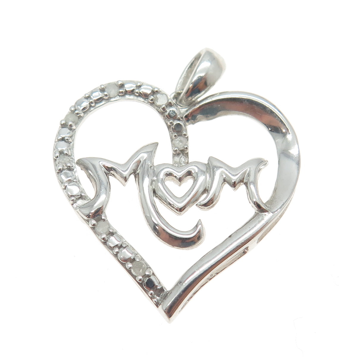 925 Sterling Silver Real Round-Cut Diamond "Mom" Heart Pendant