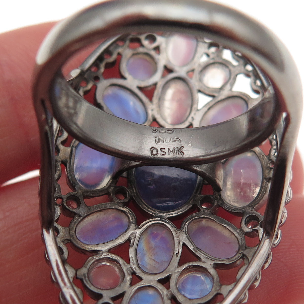 DSMK Sterling Silver Black Rhodium Real Tanzanite Moonstone & Topaz Ring Size 7
