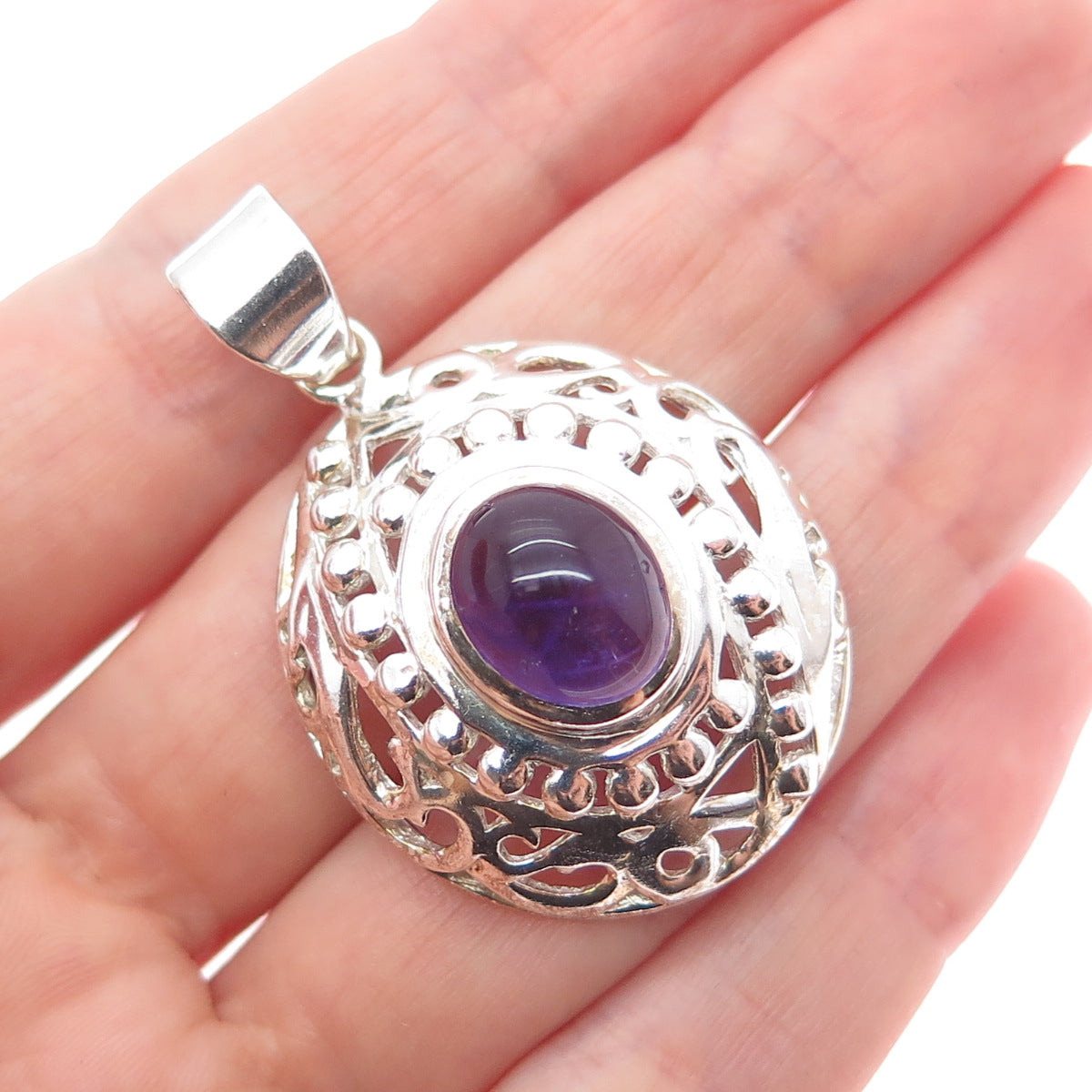 925 Sterling Silver Vintage Real Oval-Cut Amethyst Beaded Charm Pendant