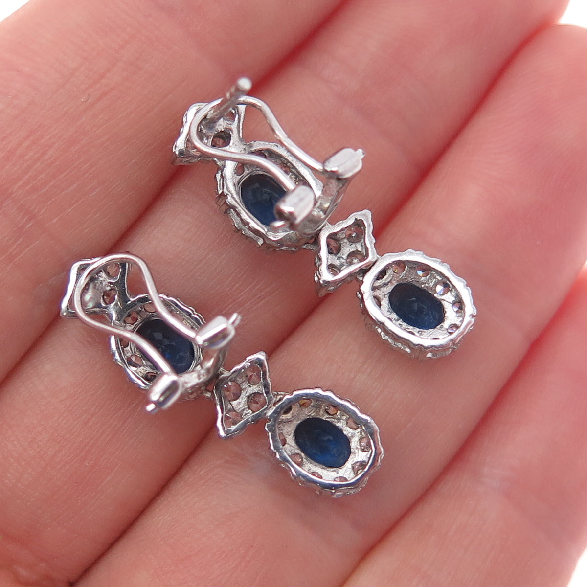 925 Sterling Silver Blue & White C Z Dangle Omega Back Earrings