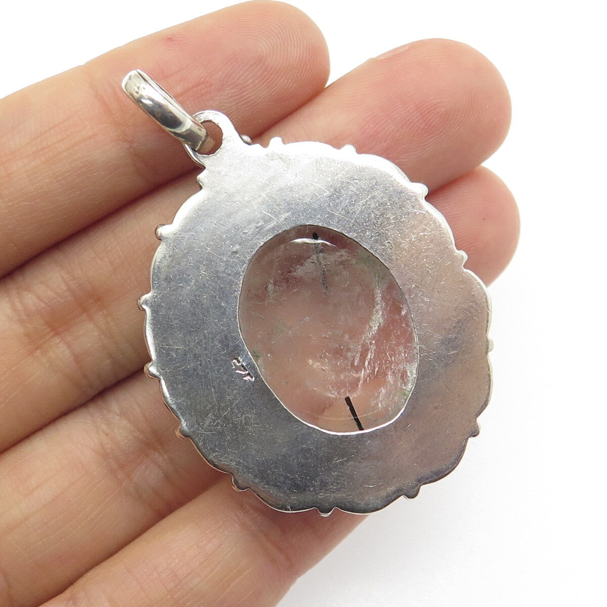 925 Sterling Silver Vintage Real Rutilated Quartz Flower Oxidized Pendant