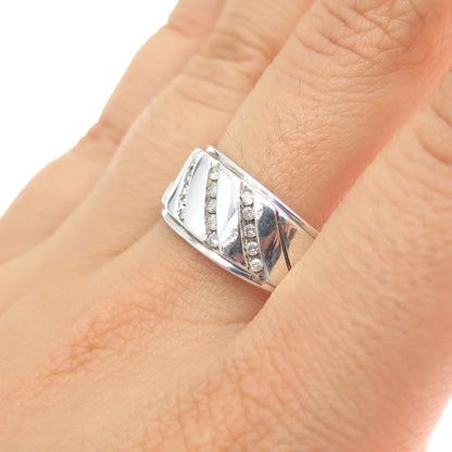 925 Sterling Silver Real Round-Cut Diamond Ribbed Ring Size 13