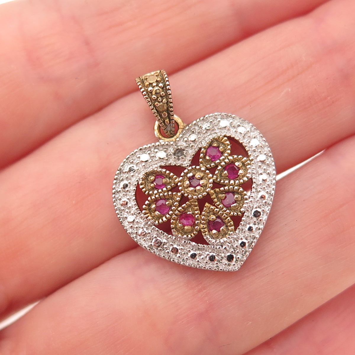 925 Sterling Silver 2-Tone Real Diamond Accent & Ruby Heart Charm Pendant