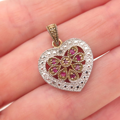 925 Sterling Silver 2-Tone Real Diamond Accent & Ruby Heart Charm Pendant