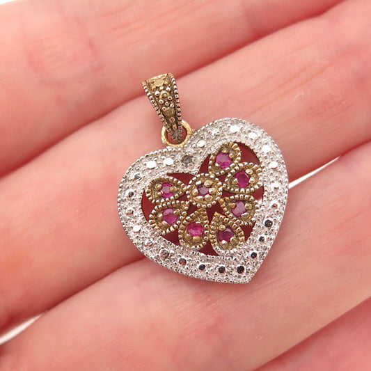 925 Sterling Silver 2-Tone Real Diamond Accent & Ruby Heart Charm Pendant