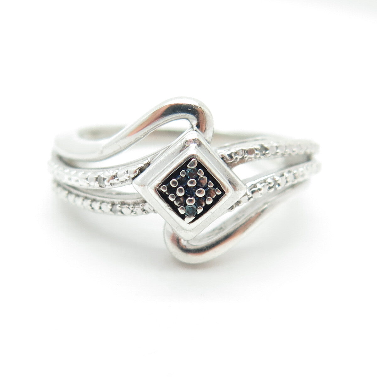 JANE SEYMOUR 925 Sterling Silver Real Blue & White Diamond Bypass Ring Size 6.5