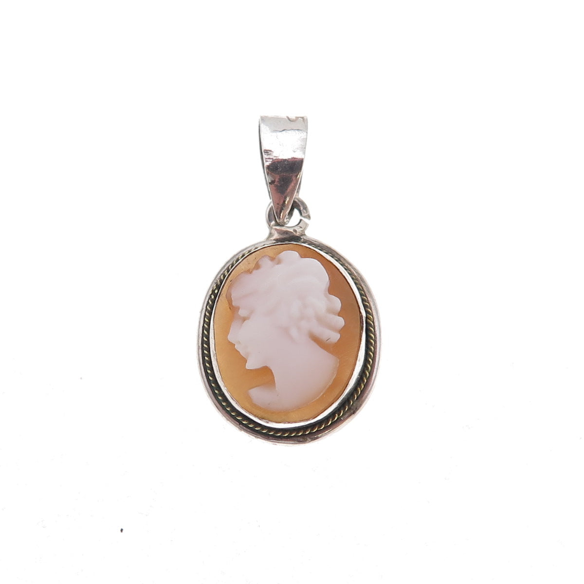925 Sterling Silver 2-Tone Antique Art Deco Real MOP Lady Cameo Charm Pendant