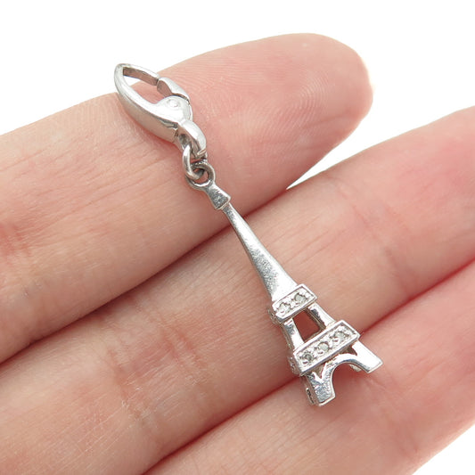 925 Sterling Silver Real Diamond Eiffel Tower Lobster Lock Charm Pendant