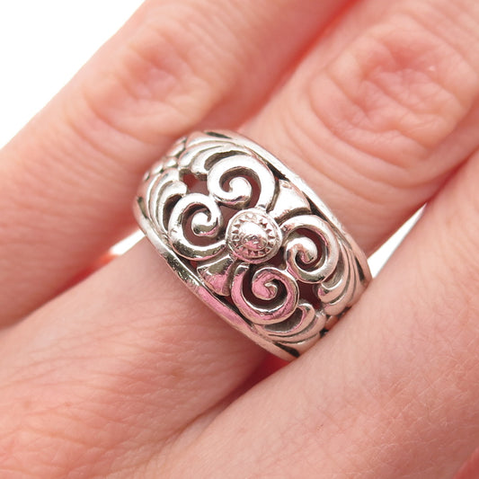 925 Sterling Silver Vintage Modernist Floral Oxidized Ring Size 5.5