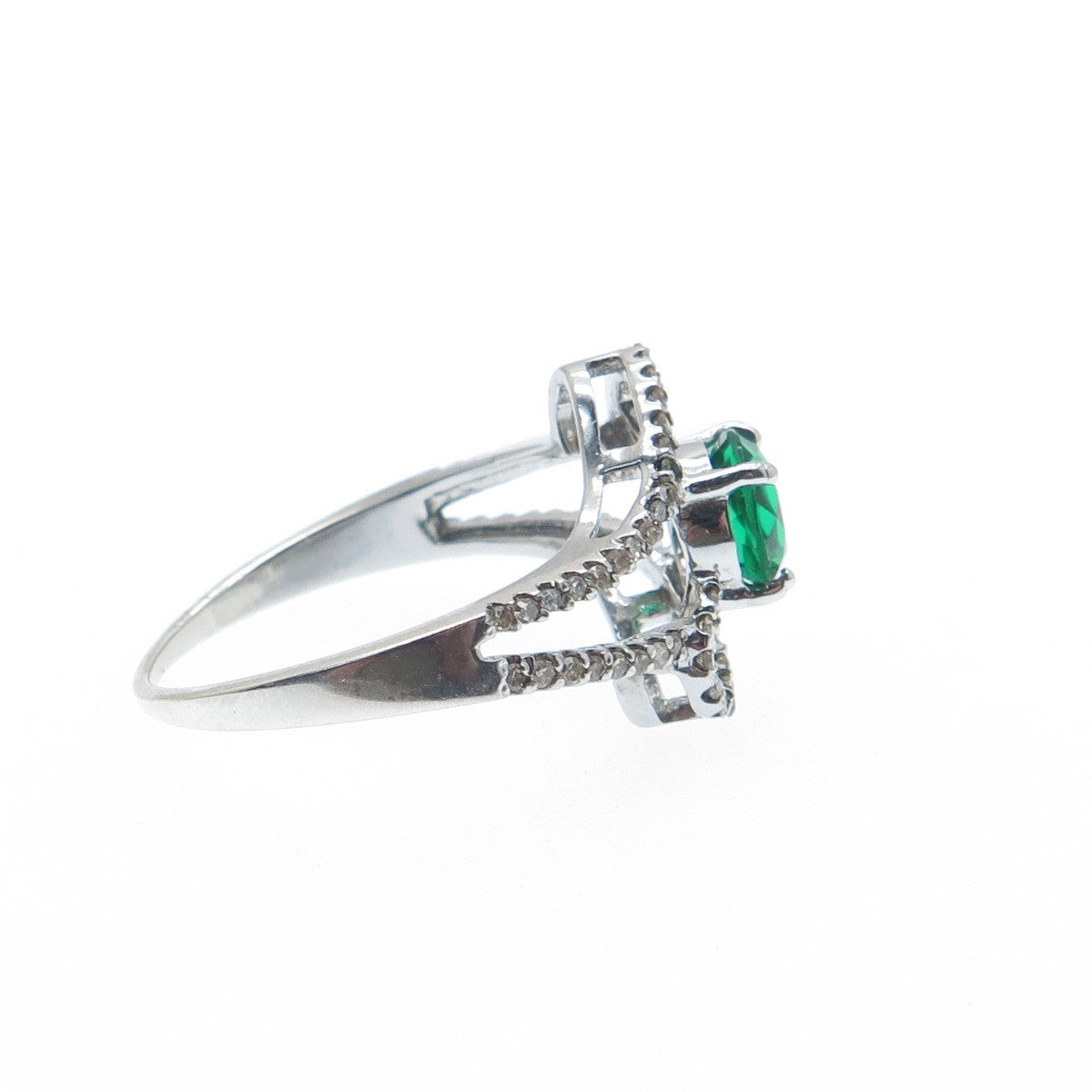 925 Sterling Silver Real Round-Cut Diamond & Chrome Diopside Ring Size 7.5