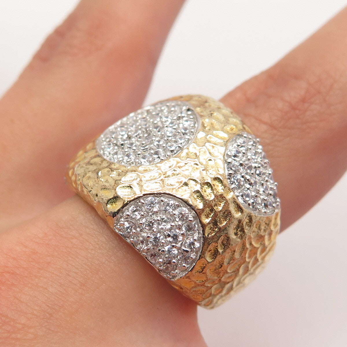 925 Sterling Silver Gold Plated Pave C Z Hammered Finish Wide Ring Size 8.25