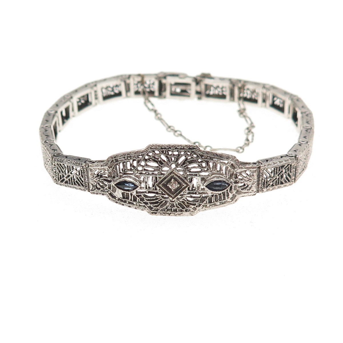 925 Sterling Antique Art Deco Real Diamond & Rhinestone Filigree Bracelet 6.5"