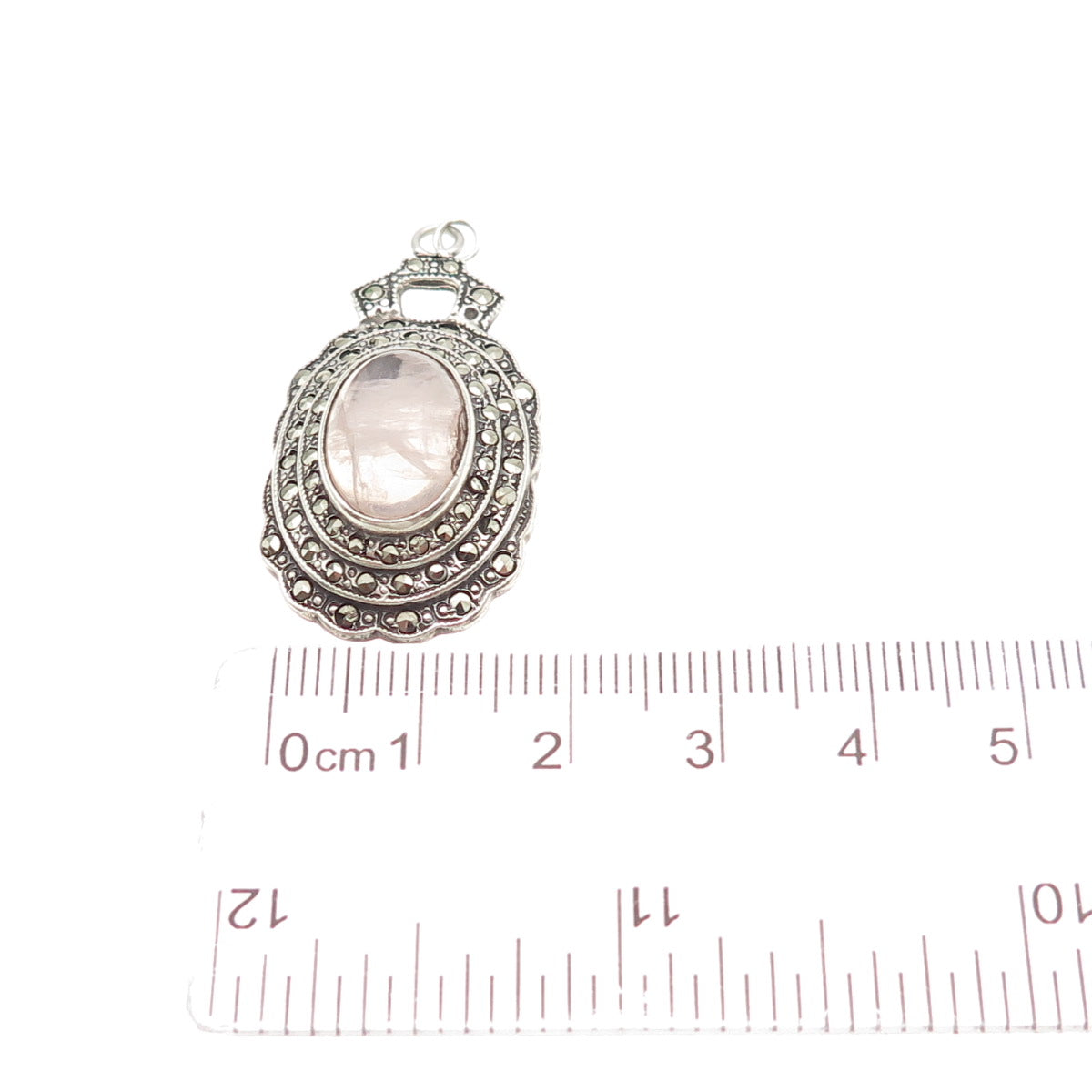 925 Sterling Silver Antique Art Deco Real Rose Quartz & Marcasite Charm Pendant