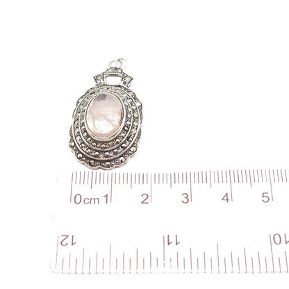 925 Sterling Silver Antique Art Deco Real Rose Quartz & Marcasite Charm Pendant